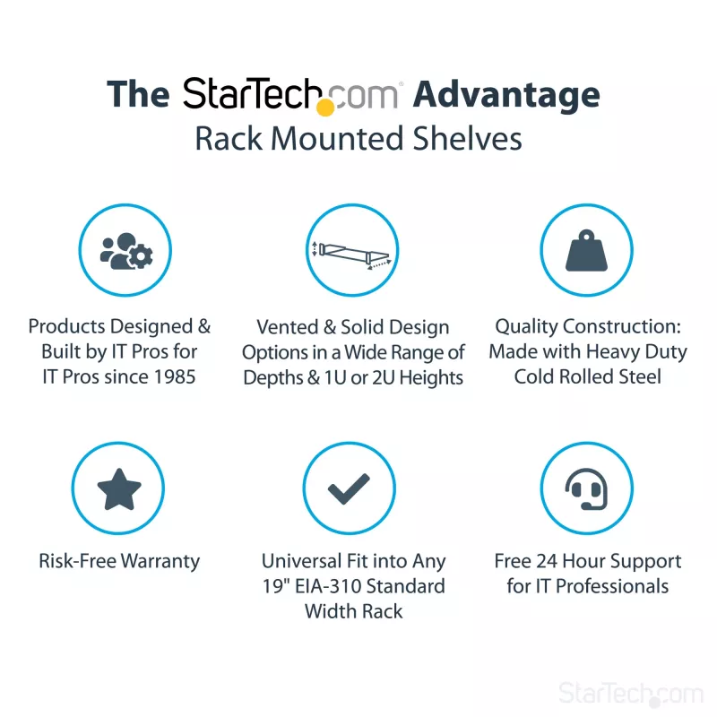 StarTech.com prateleira fixa de montagem em bastidor de servidor 1U - prateleira universal de braço em consola de aço com 25,4 cm de profundidade para bastidor de equipamento AV/rede de 19 polegadas - robusta - capacidade de carga 20 kg, preto