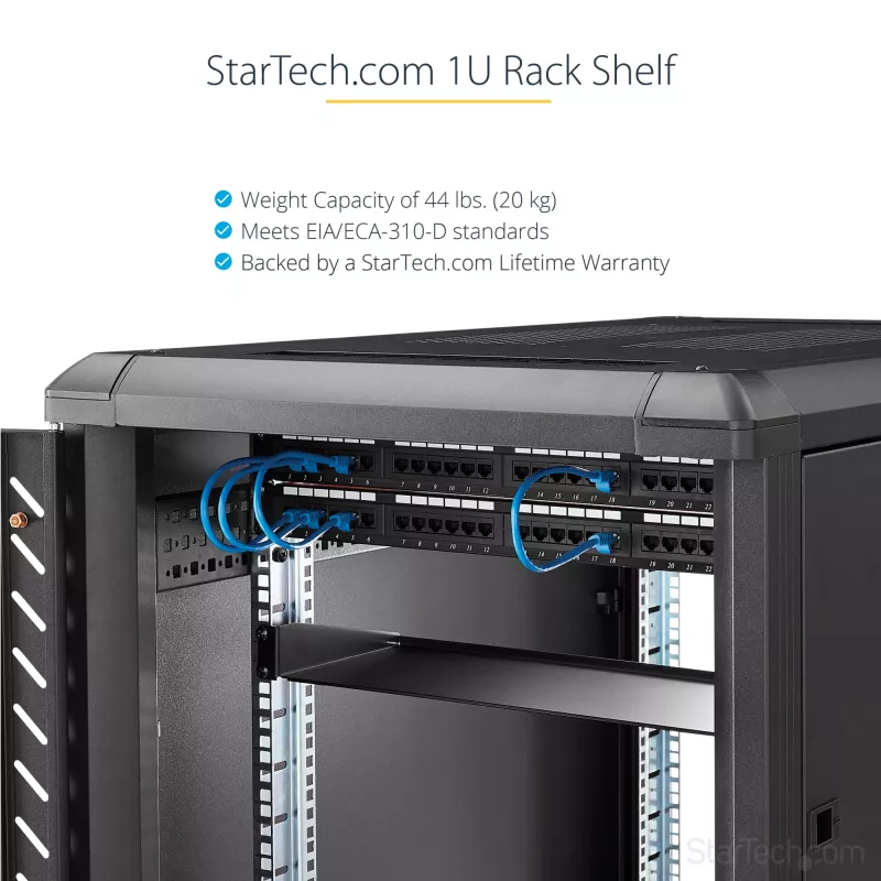 StarTech.com prateleira fixa de montagem em bastidor de servidor 1U - prateleira universal de braço em consola de aço com 25,4 cm de profundidade para bastidor de equipamento AV/rede de 19 polegadas - robusta - capacidade de carga 20 kg, preto
