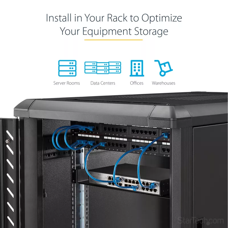 StarTech.com prateleira fixa de montagem em bastidor de servidor 1U - prateleira universal de braço em consola de aço com 25,4 cm de profundidade para bastidor de equipamento AV/rede de 19 polegadas - robusta - capacidade de carga 20 kg, preto