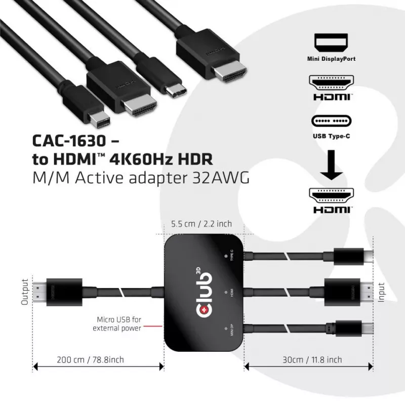 CLUB3D adaptador ativo USB Type C + HDMI™ + MiniDisplayPort™ 1.2 para HDMI™ 4K60Hz HDR M/M 32AWG