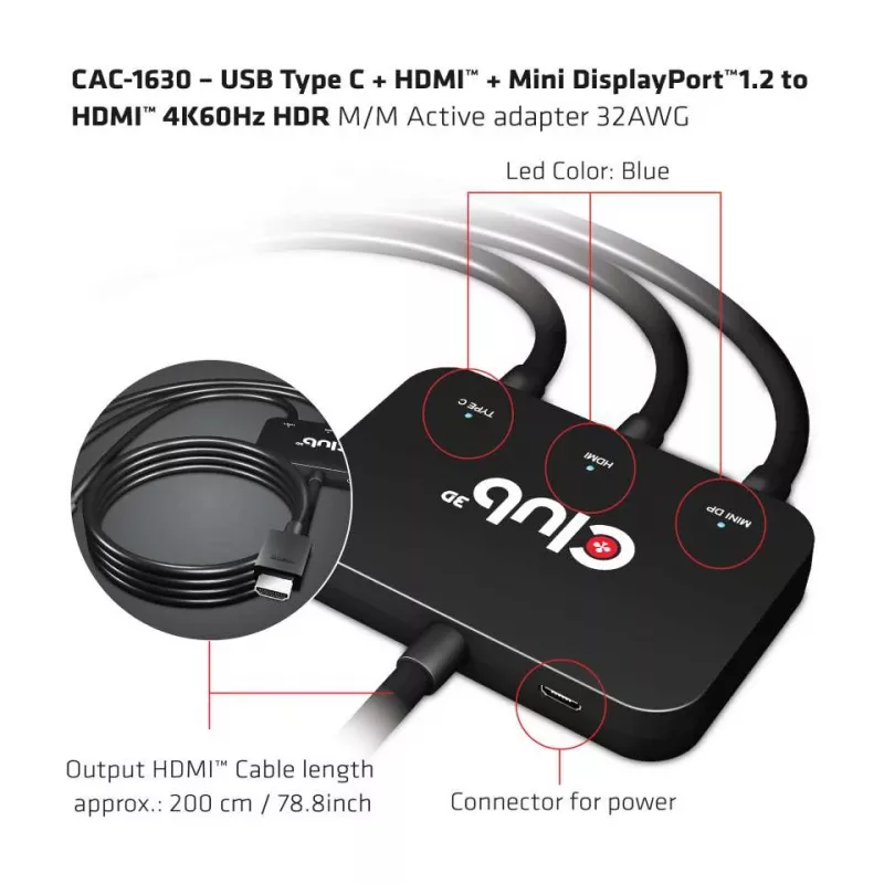 CLUB3D adaptador ativo USB Type C + HDMI™ + MiniDisplayPort™ 1.2 para HDMI™ 4K60Hz HDR M/M 32AWG