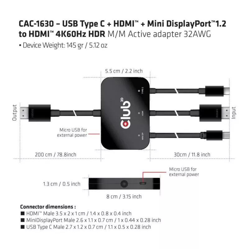 CLUB3D adaptador ativo USB Type C + HDMI™ + MiniDisplayPort™ 1.2 para HDMI™ 4K60Hz HDR M/M 32AWG