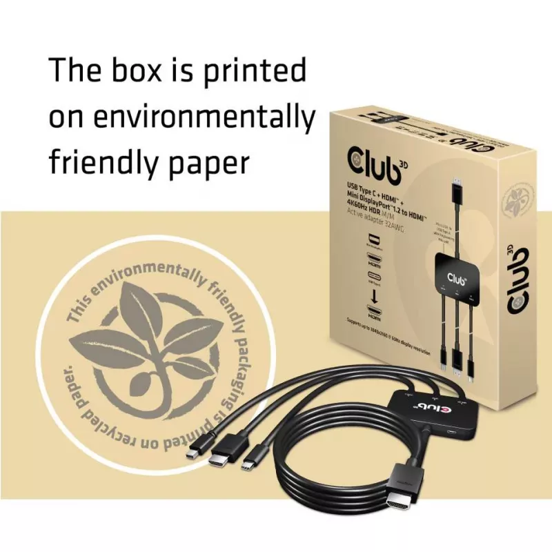 CLUB3D adaptador ativo USB Type C + HDMI™ + MiniDisplayPort™ 1.2 para HDMI™ 4K60Hz HDR M/M 32AWG