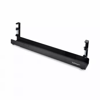 StarTech.com bandeja de gestão de cabos sob a mesa, organizador de cabos ajustável em comprimento, montagem por aperto, sem necessidade de perfurar, suporte para réguas de tomadas, preto
