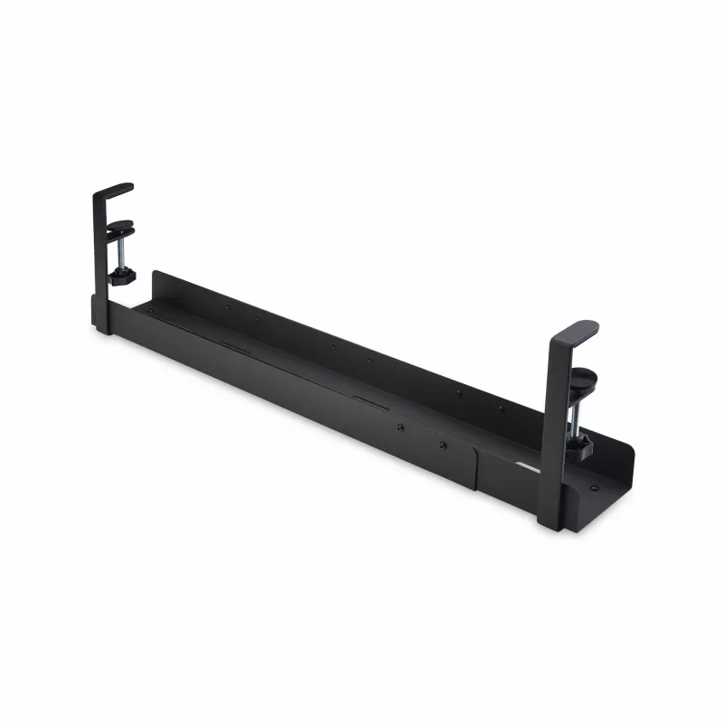 StarTech.com bandeja de gestão de cabos sob a mesa, organizador de cabos ajustável em comprimento, montagem por aperto, sem necessidade de perfurar, suporte para réguas de tomadas, preto