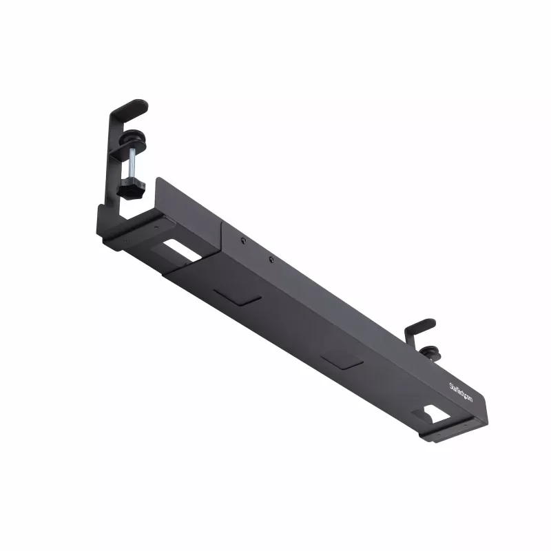 StarTech.com bandeja de gestão de cabos sob a mesa, organizador de cabos ajustável em comprimento, montagem por aperto, sem necessidade de perfurar, suporte para réguas de tomadas, preto