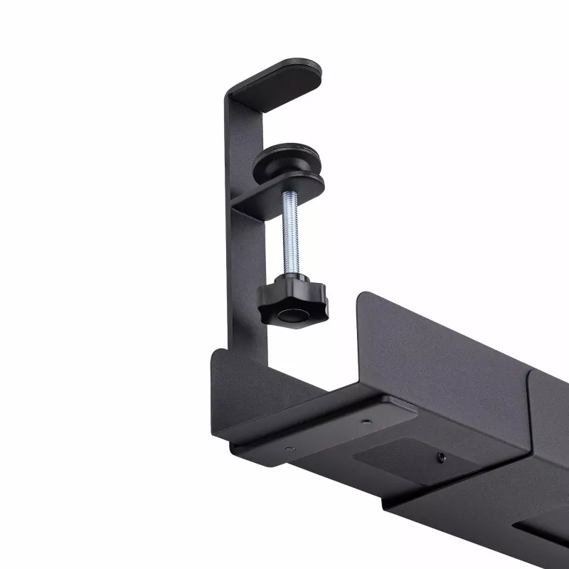 StarTech.com bandeja de gestão de cabos sob a mesa, organizador de cabos ajustável em comprimento, montagem por aperto, sem necessidade de perfurar, suporte para réguas de tomadas, preto