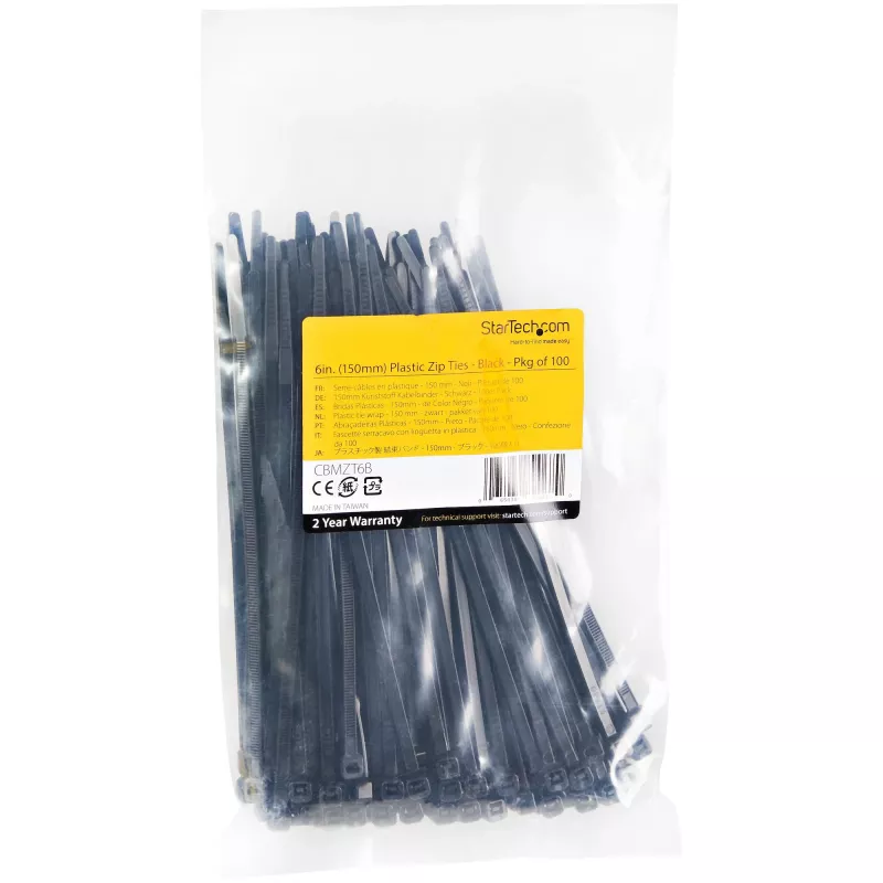 StarTech.com pack de 100 abraçadeiras 6 polegadas (15 cm) – 1/8 polegadas (3,6 mm) de largura, 1-3/8 polegadas (39 mm) de diâmetro de feixe, 40 lb (18 kg) de resistência à tração, abraçadeiras de nylon autoajustáveis com ponta curvada, UL listado, preto – TAA