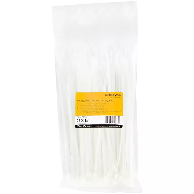 Abraçadeiras StarTech.com 20 cm – 4 mm de largura, 55 mm de diâmetro de feixe, 22 kg de resistência à tração, abraçadeiras de nylon autoajustáveis com ponta curvada – 94V-2/UL listado, pack de 100 – branco