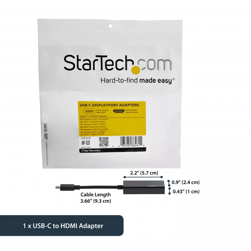 Adaptador USB-C para HDMI StarTech.com com 4K 30Hz - preto, 3.2 Gen 2 (3.1 Gen 2), USB Type-C, saída HDMI, 3840 x 2160 píxeis