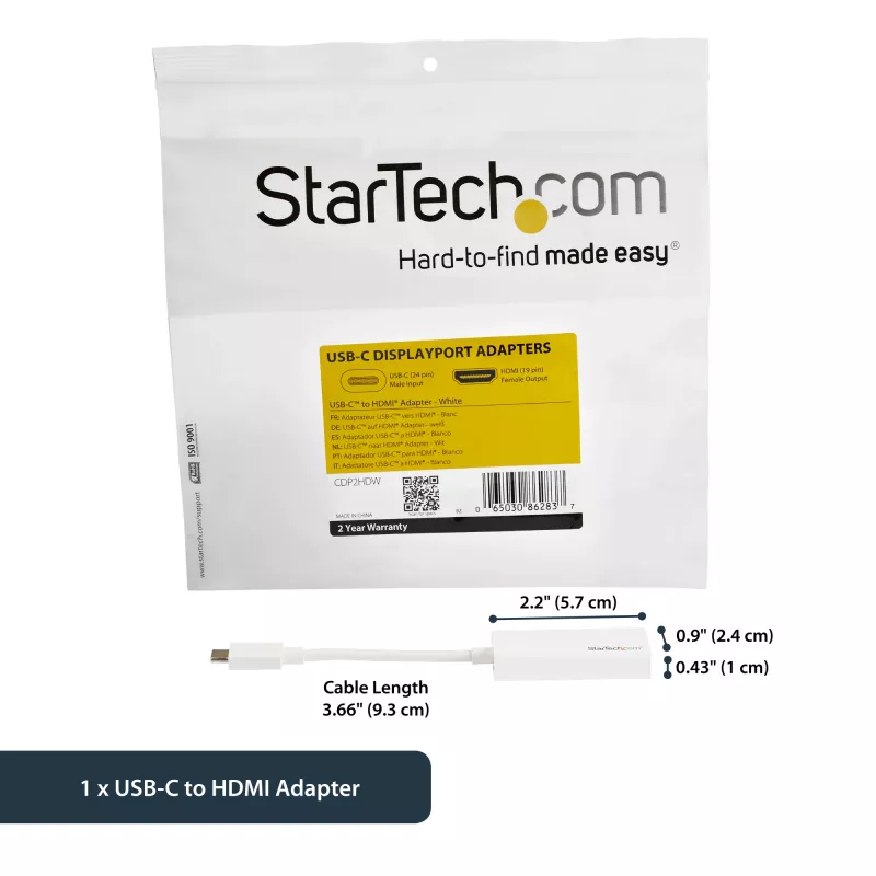 Adaptador USB-C para HDMI StarTech.com com 4K 30Hz - branco, USB Type-C, saída HDMI, 3840 x 2160 píxeis