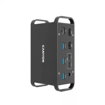 Docking station CANYON CNS-HDS95ST — docking station USB-C (USB 3.2 Gen 2) com 2× HDMI, 2× USB 3.2 Gen 1, 2× USB 2.0, Gigabit Ethernet, 100 W, alumínio, preta
