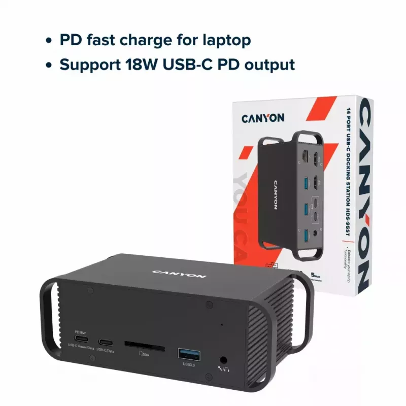 Canyon DS-95 CNS-HDS95ST estação de ancoragem USB-C 14 em 1 com adaptador CA de 100 W, cinzenta