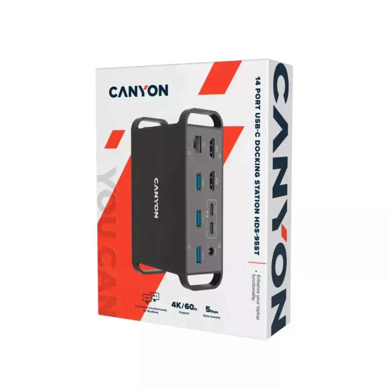 Canyon DS-95 CNS-HDS95ST estação de ancoragem USB-C 14 em 1 com adaptador CA de 100 W, cinzenta