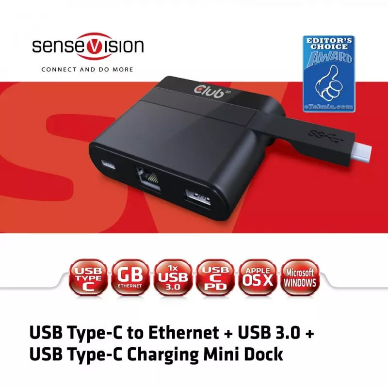CLUB3D Mini-dock USB Type-C para Ethernet + USB 3.0 + carregamento USB Type-C