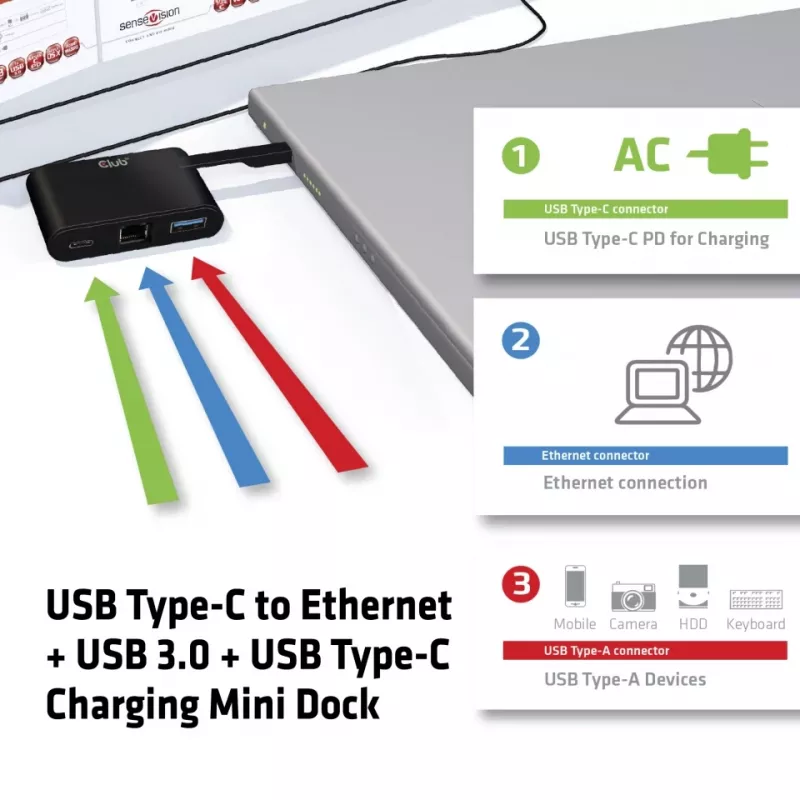 CLUB3D Mini-dock USB Type-C para Ethernet + USB 3.0 + carregamento USB Type-C
