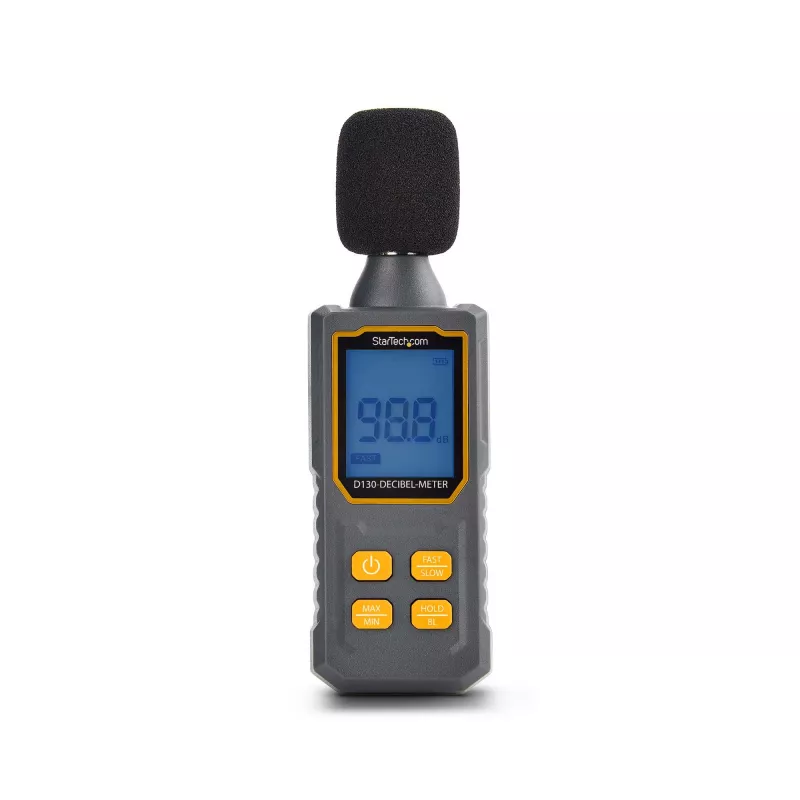 StarTech.com Medidor de nível sonoro digital portátil com LCD grande, medidor de ruído/decibéis para sala de servidores/escritório, monitor de áudio, alcance 30-130 dBA, valores mín./máx. precisos