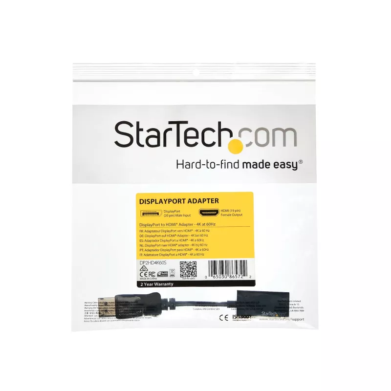 StarTech.com DP2HD4K60S adaptador de DisplayPort para HDMI, 4K 60Hz, 0,215 m, macho/fêmea