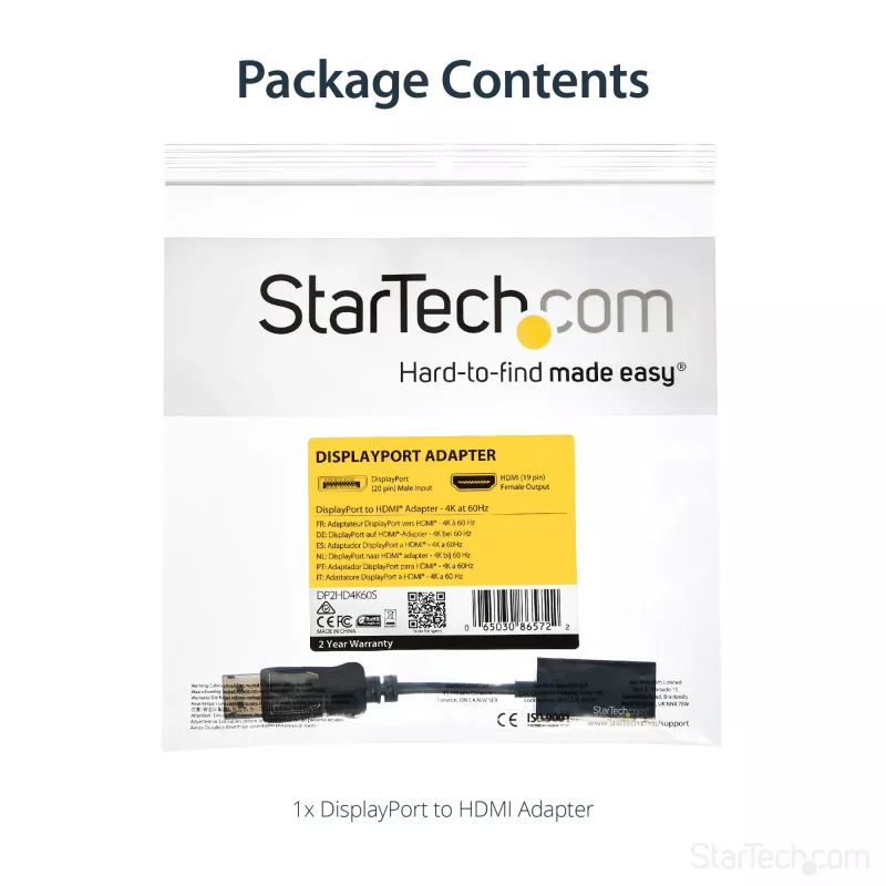 StarTech.com DP2HD4K60S adaptador de DisplayPort para HDMI, 4K 60Hz, 0,215 m, macho/fêmea