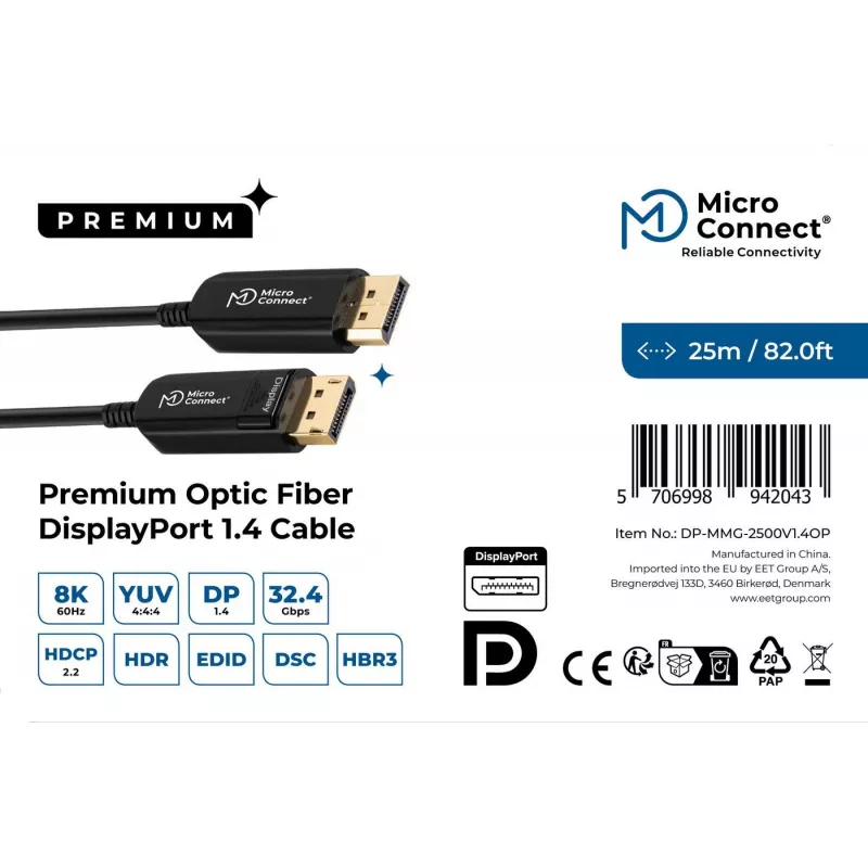 Cabo DisplayPort Microconnect DP-MMG-2500V1.4OP 25 m preto