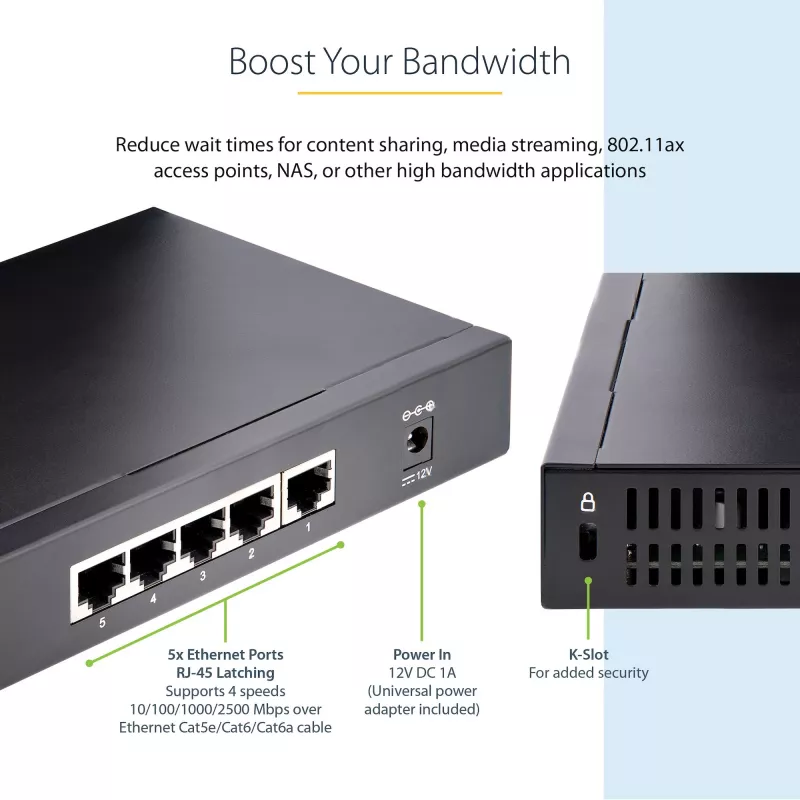 StarTech.com Switch 2.5G não gerido – Switch Gigabit de 5 portas – Switch Ethernet 2.5GBASE-T não gerido – Splitter Ethernet – Montagem em calha DIN ou parede – Multi-Gigabit – Auto-MDIX – 9K Jumbo