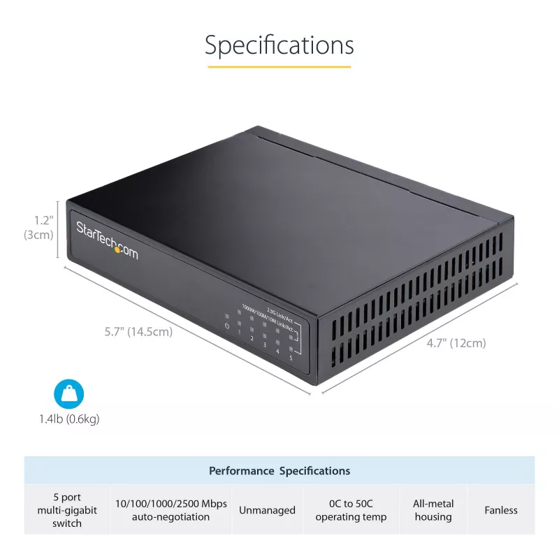 StarTech.com Switch 2.5G não gerido – Switch Gigabit de 5 portas – Switch Ethernet 2.5GBASE-T não gerido – Splitter Ethernet – Montagem em calha DIN ou parede – Multi-Gigabit – Auto-MDIX – 9K Jumbo
