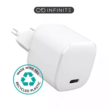 eSTUFF 100% plástico reciclado - carregador de parede USB-C PD 3A 20W, ficha EU - branco