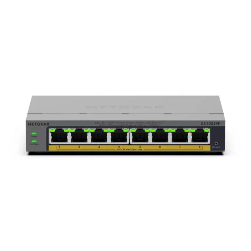 NETGEAR GS108EPP Não gerido Gigabit Ethernet (10/100/1000) Power over Ethernet (PoE) secretária/montagem na parede cinzento