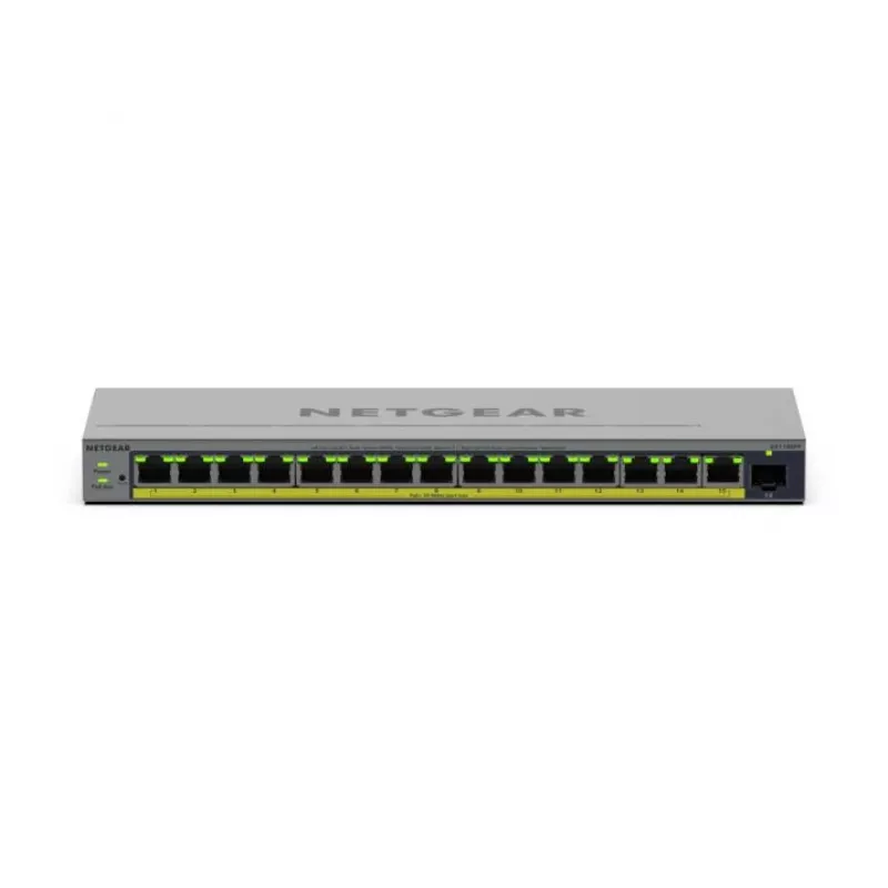 Switch PoE gerido L2/L3 Gigabit Ethernet Netgear GS116EPP — 16x RJ-45 10/100/1000, 1x SFP, 8000 entradas MAC, cinzento