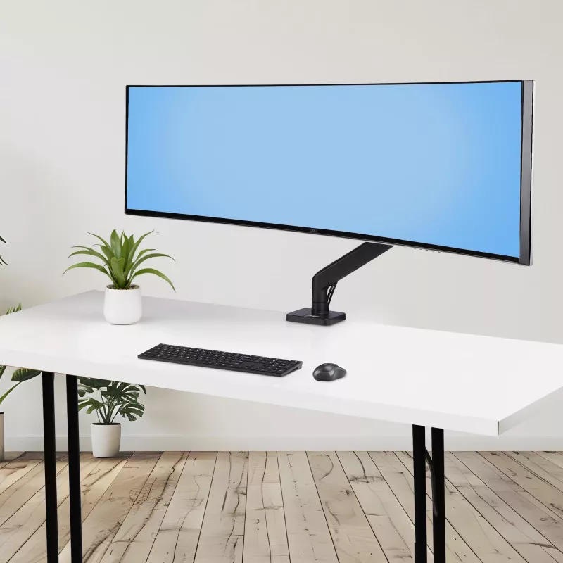 StarTech.com H1M1AG1-MONITOR-ARM suporte de secretária para monitores ultrapanorâmicos curvos de 49 polegadas, braço mecânico de mola, braço giratório, VESA, grampo em C / montagem em orifício, máx. 44 lb