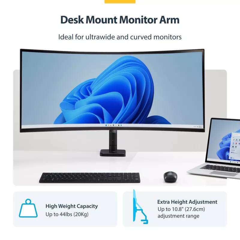 StarTech.com H1M1AG1-MONITOR-ARM suporte de secretária para monitores ultrapanorâmicos curvos de 49 polegadas, braço mecânico de mola, braço giratório, VESA, grampo em C / montagem em orifício, máx. 44 lb