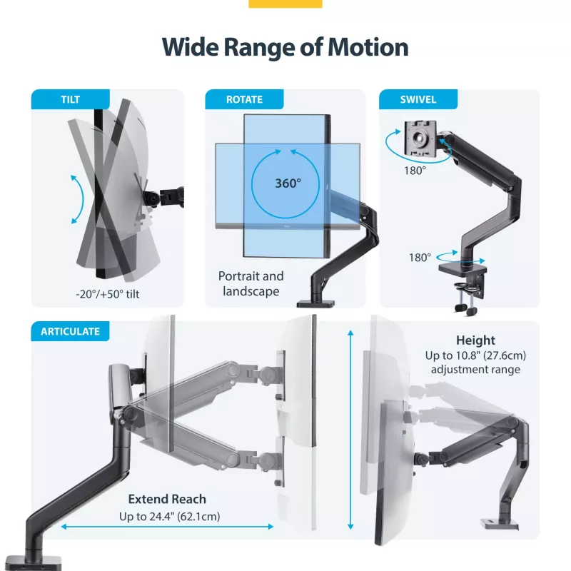 StarTech.com H1M1AG1-MONITOR-ARM suporte de secretária para monitores ultrapanorâmicos curvos de 49 polegadas, braço mecânico de mola, braço giratório, VESA, grampo em C / montagem em orifício, máx. 44 lb