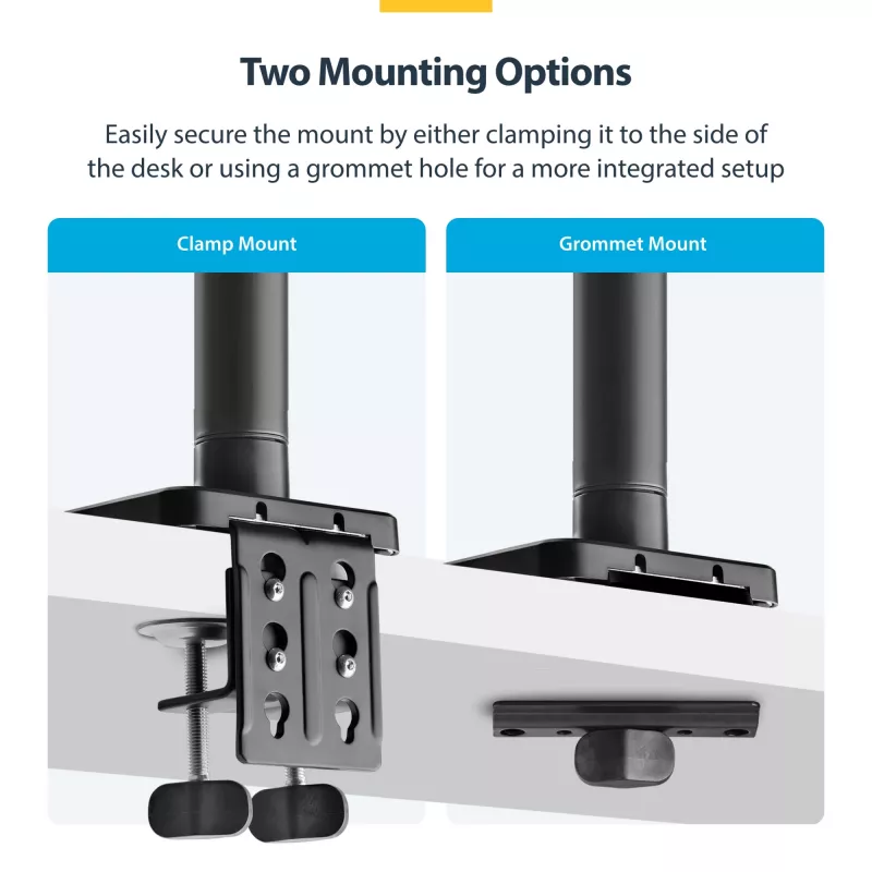 StarTech.com H1M1AG1-MONITOR-ARM suporte de secretária para monitores ultrapanorâmicos curvos de 49 polegadas, braço mecânico de mola, braço giratório, VESA, grampo em C / montagem em orifício, máx. 44 lb