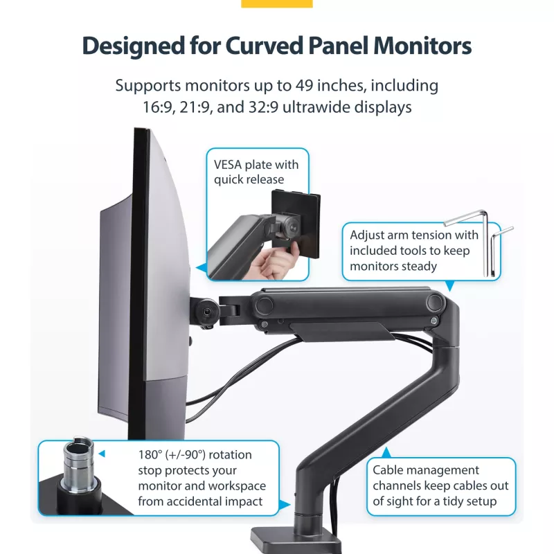 StarTech.com H1M1AG1-MONITOR-ARM suporte de secretária para monitores ultrapanorâmicos curvos de 49 polegadas, braço mecânico de mola, braço giratório, VESA, grampo em C / montagem em orifício, máx. 44 lb