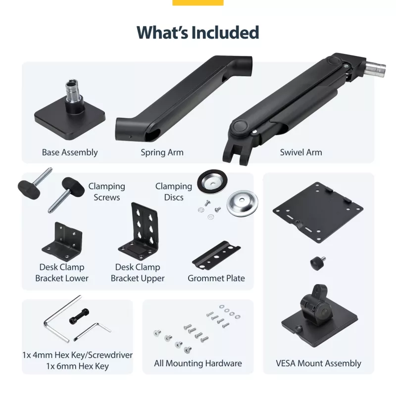 StarTech.com H1M1AG1-MONITOR-ARM suporte de secretária para monitores ultrapanorâmicos curvos de 49 polegadas, braço mecânico de mola, braço giratório, VESA, grampo em C / montagem em orifício, máx. 44 lb