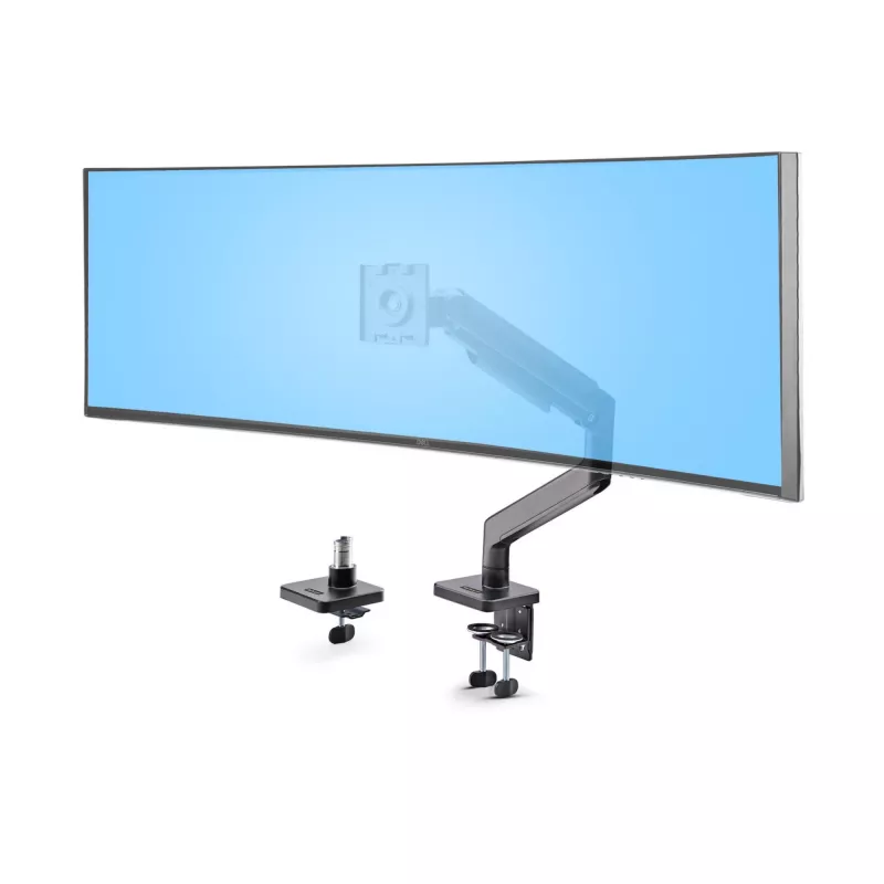 StarTech.com H1M1AG1-MONITOR-ARM suporte de secretária para monitores ultrapanorâmicos curvos de 49 polegadas, braço mecânico de mola, braço giratório, VESA, grampo em C / montagem em orifício, máx. 44 lb