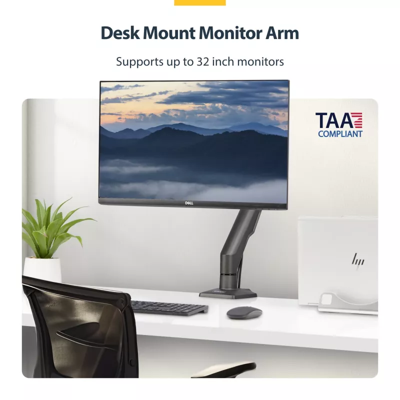 StarTech.com H1M1AG2-MONITOR-ARM suporte de secretária para monitor, para ecrãs até 32 polegadas, braço articulado, grampo em C, conforme com TAA, plástico/aço, preto