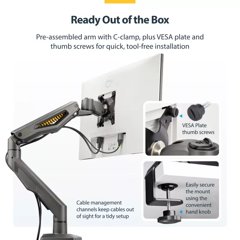 StarTech.com H1M1AG2-MONITOR-ARM suporte de secretária para monitor, para ecrãs até 32 polegadas, braço articulado, grampo em C, conforme com TAA, plástico/aço, preto