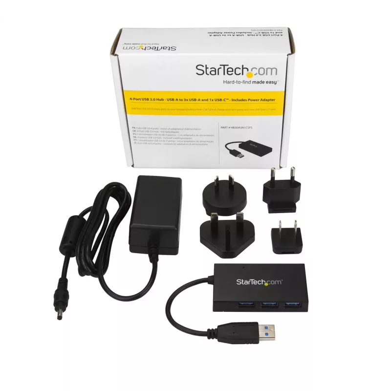 StarTech.com HB30A3A1CSFS hub USB 3.0 de secretária com 4 portas, USB-A para 3x USB-A + 1x USB-C, com adaptador de corrente