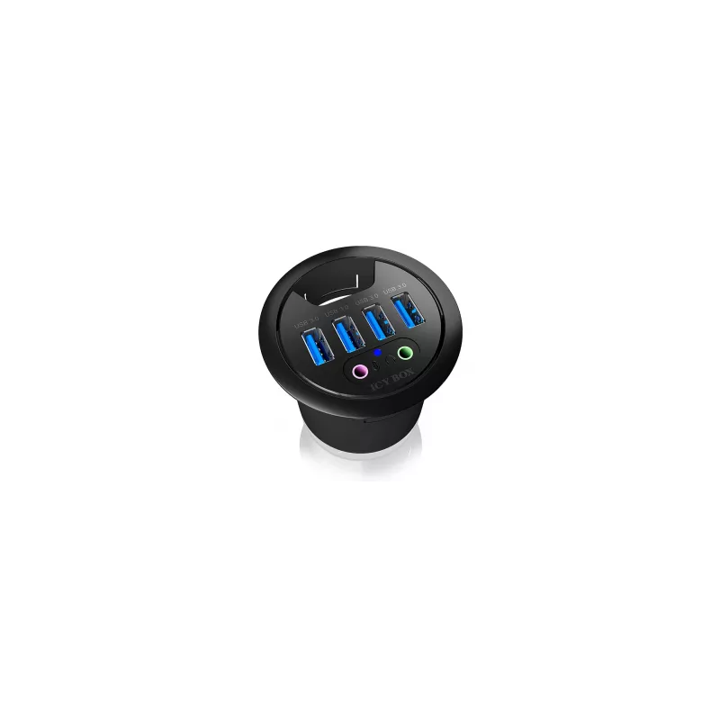 Hub de secretária ICY BOX IB-HUB1403A, 4 portas USB 3.0, com entrada/saída de áudio, preto