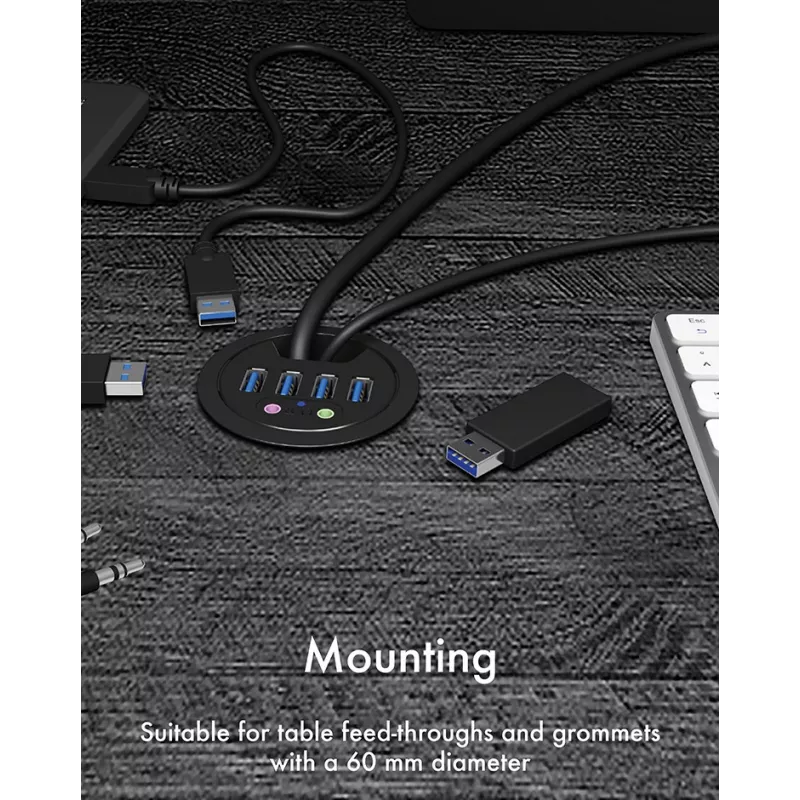 Hub de secretária ICY BOX IB-HUB1403A, 4 portas USB 3.0, com entrada/saída de áudio, preto
