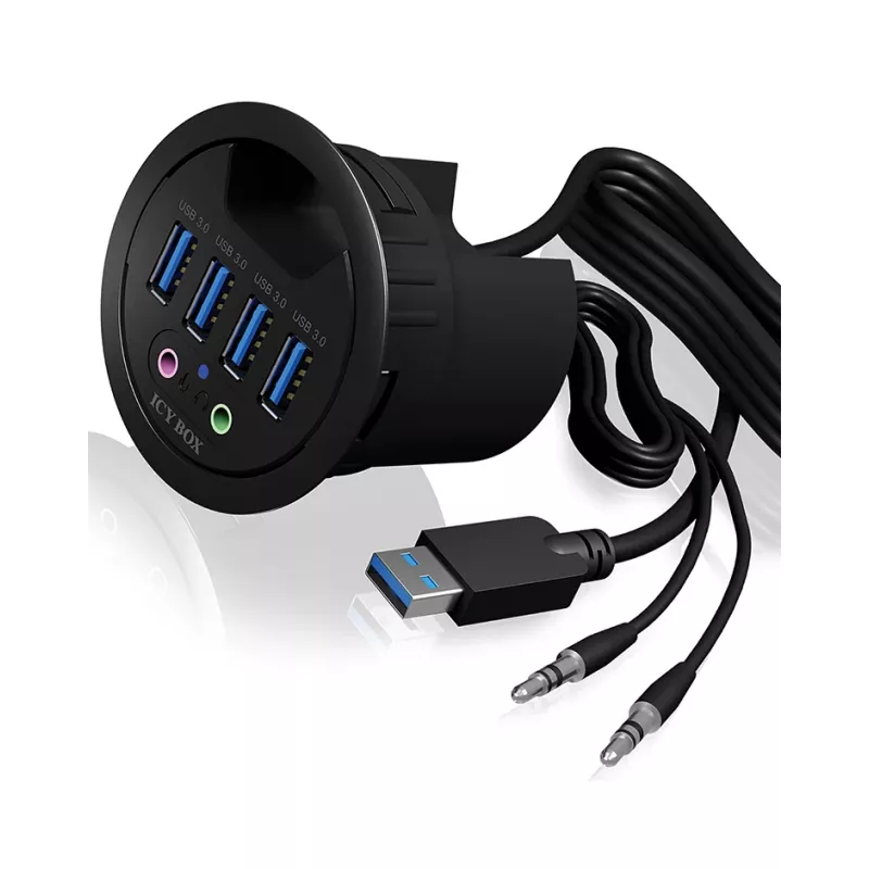 Hub de secretária ICY BOX IB-HUB1403A, 4 portas USB 3.0, com entrada/saída de áudio, preto