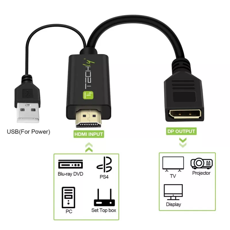 Techly ICOC-HDMI-DP12A adaptador de HDMI para DisplayPort com alimentação USB, 4K 30 Hz