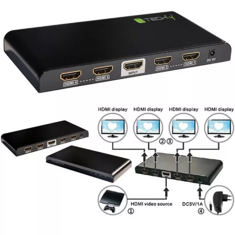 Splitter Techly HDMI 2.0 4K UHD 3D 4 vias