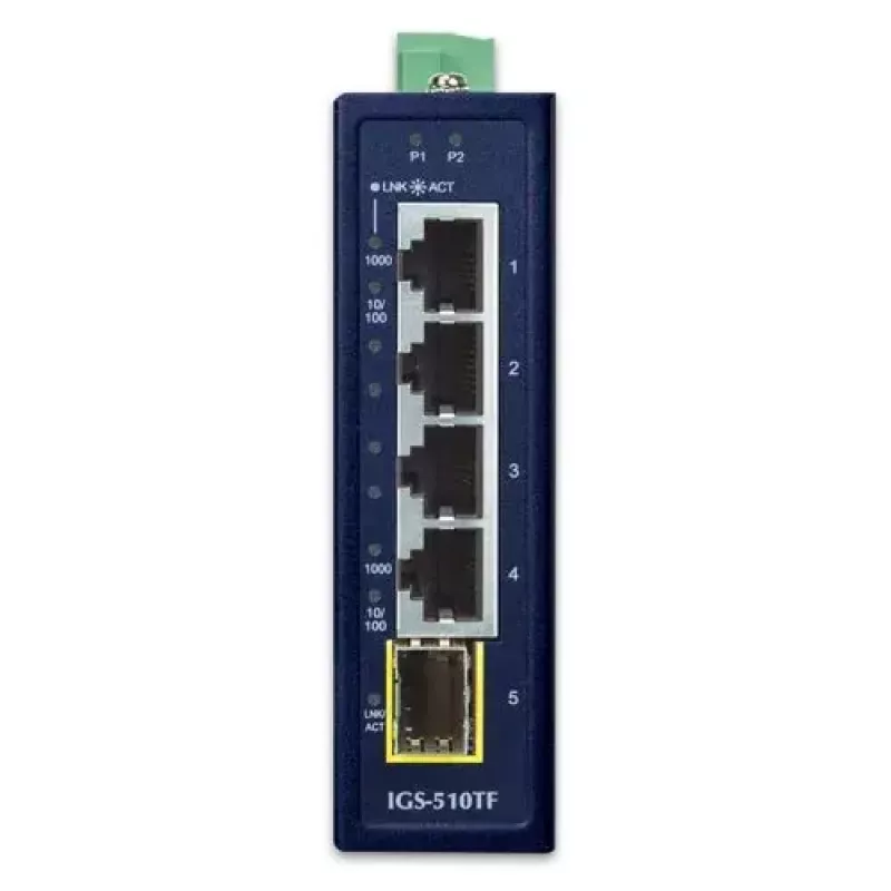 Switch Gigabit Ethernet não gerido PLANET IGS-510TF — 4 x 10/100/1000 Mbps, comutação 10 Gbit/s, 9–48V DC, montagem na parede