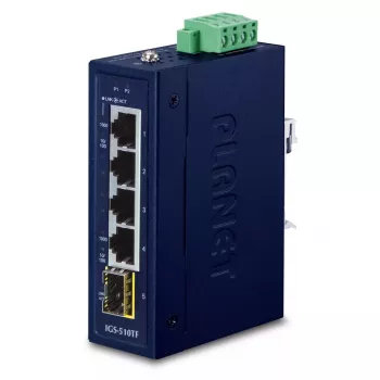 Switch Gigabit Ethernet não gerido PLANET IGS-510TF — 4 x 10/100/1000 Mbps, comutação 10 Gbit/s, 9–48V DC, montagem na parede