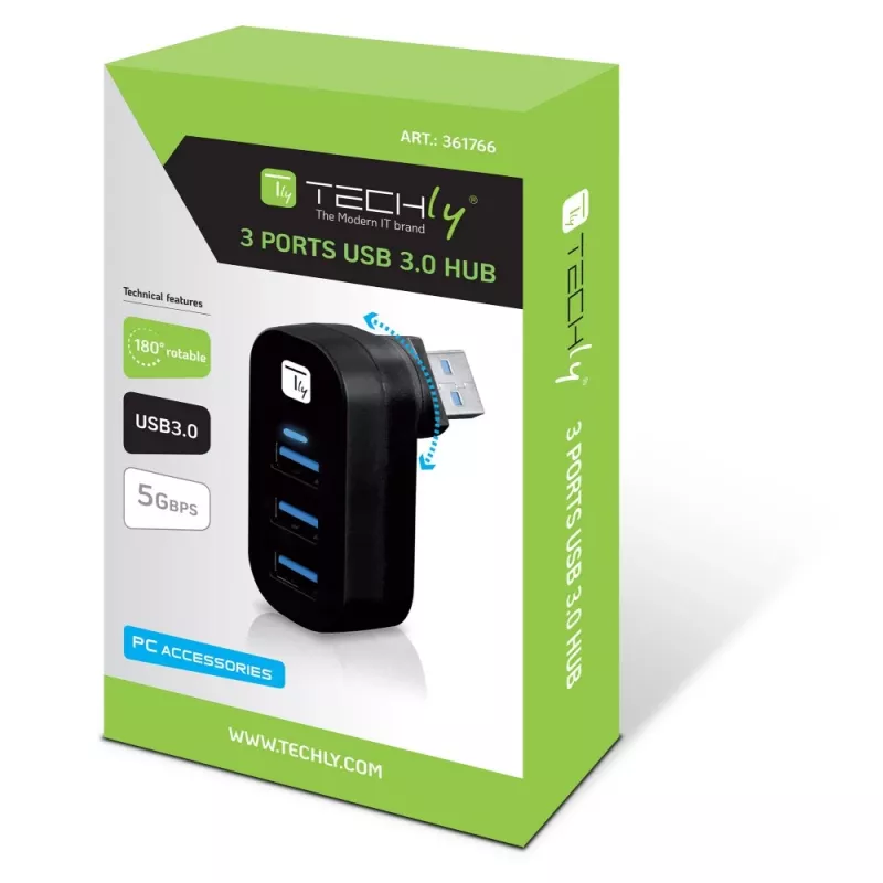 Techly IUSB3-HUB3-ROTB hub de interface USB 3.2 Gen 1 (3.1 Gen 1) Type-A 5000 Mbit/s preto