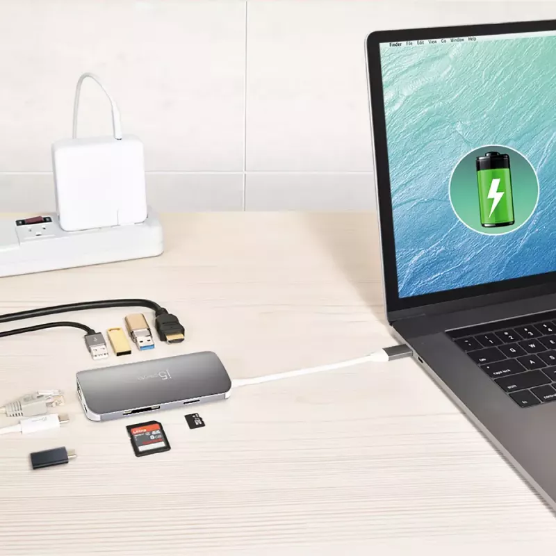 j5create JCD383 adaptador múltiplo USB-C™ 9 em 1, prateado e branco