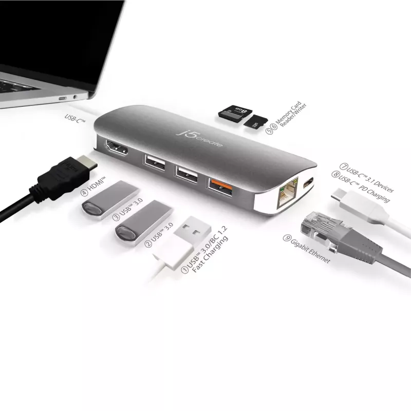 j5create JCD383 adaptador múltiplo USB-C™ 9 em 1, prateado e branco