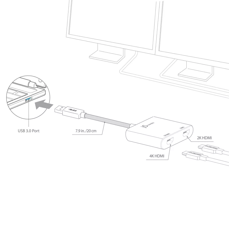 j5create JUA365 adaptador multi-monitor USB™ 3.0 para HDMI duplo, prateado